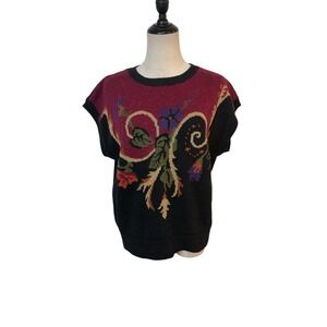 Vtg Russ Knit Sweater Top Vest Sz M Floral Boxy Academia Grandma Grunge Cottage